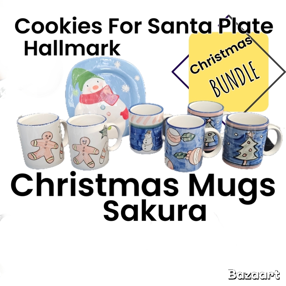 Sakura Majesticware Mugs / Hallmark Santa & Co Cookie Plate/ Christmas